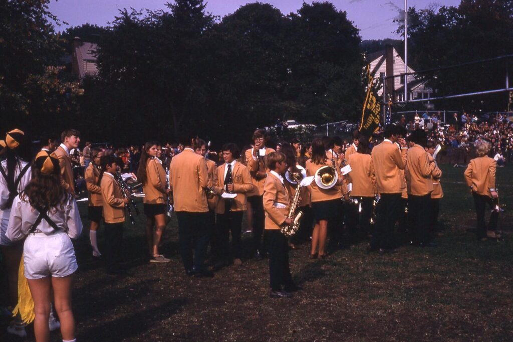 HHS Marching Band getting ready to take the field for halftime show in Fall 1971 at Reynolds Field.